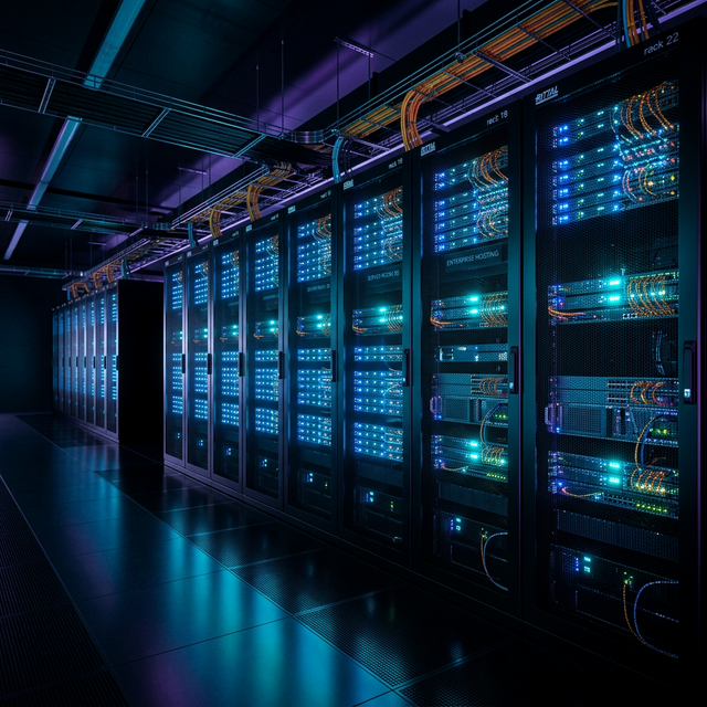 Modernes Rechenzentrum mit Server-Racks und blauer LED-Beleuchtung
